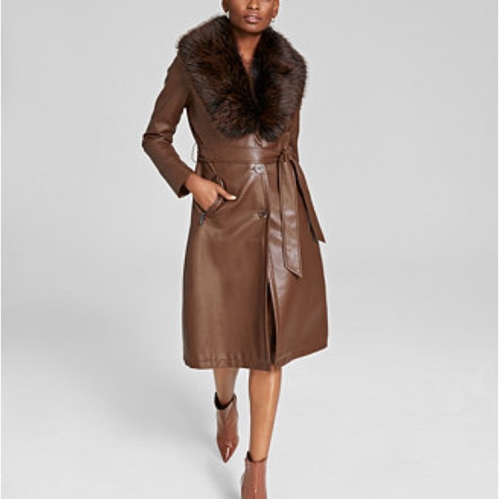 Kenneth Cole Brown Trench Coat with Fur Collar